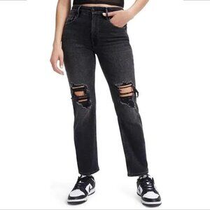 Good American high waist distressed black jeans shredded knee cropped new 14 32